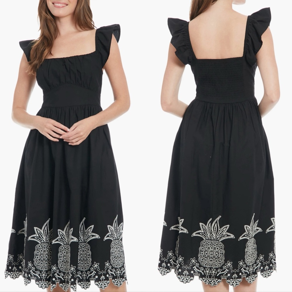 London Times Black Midi Dress with White Pineapple Embroidery Different Strap